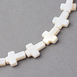 Creamy White Natural Sea Shell Beads Strands, Cross, Creamy White, 11~12x9~10x2~3mm, Hole: 0.8~0.9mm, about 30pcs/strands, 14.5 inch