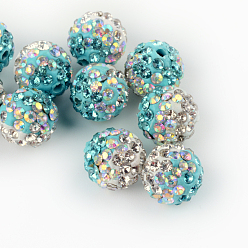 Aigue-marine Deux tons perles polymère à la main de couleur argile boule disco, avec verre strass, aigue-marine, 9~10mm, Trou: 2mm