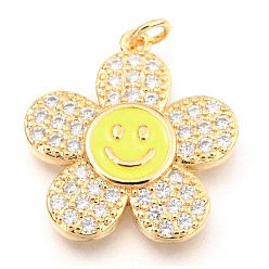Yellow Brass Micro Pave Clear Cubic Zirconia Pendants, with Enamel and Jump Rings, Long-Lasting Plated, Flower with Smiling Face, Real 18K Gold Plated, Yellow, 24x22x3mm, Hole: 3mm