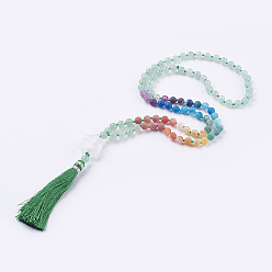 Green Aventurine Frosted Natural Weathered Agate and Green Aventurine Necklace, with Nylon Tassel Pendants, 34.6 inch(88cm)
