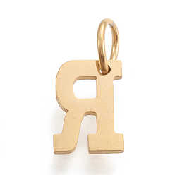 Letter R 304 Stainless Steel Pendants, with Jump Rings, Manual Polishing, Golden, Letter.R, 10x7x1mm, Hole: 4.5mm