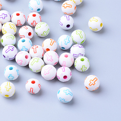 White Craft Acrylic Beads, Round with Cross, White, 7~8mm, Hole: 1.5mm, about 1800pcs/500g
