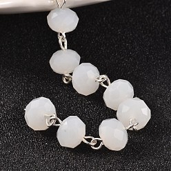 White Imitation Jade Glass Rondelle Beads Chains for Necklaces Bracelets Making, with Silver Color Plated Brass Eye Pin, Unwelded, White, 39.3 inch, about 87pcs/strand