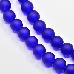 Blue Transparent Glass Bead Strands, Frosted, Round, Blue, 8mm, Hole: 1~1.6mm, about 99pcs/strand, 31.4 inch