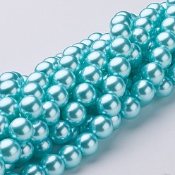 Light Cyan Glass Pearl Beads Strands, Pearlized, Round, Light Cyan, 12mm, Hole: 1mm, about 68pcs/strand, 30.71 inch(78cm)