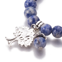 Blue Spot Jasper Chakra Jewelry, Natural Blue Spot Jasper Bracelets, with Metal Tree Pendants, 50mm