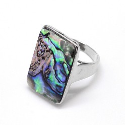 Colorful Paua Shell Finger Rings, with Platinum Plated Brass Findings, Rectangle, Size 8, Colorful, 18mm
