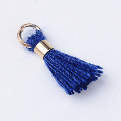 Medium Blue Polycotton(Polyester Cotton) Tassel Pendant Decorations, with Unwelded Iron Jump Rings, Golden, Medium Blue, 10~16x2mm, Hole: 1.5mm