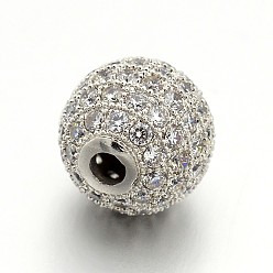 Platinum CZ Brass Micro Pave Cubic Zirconia Round Beads, Platinum, 14mm, Hole: 1.5mm