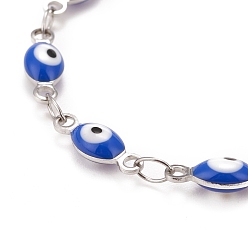 Blue Enamel Horse Eye Link Chains Bracelet, 304 Stainless Steel Jewelry for Women, Stainless Steel Color, Blue, 6-3/4 inch(17.1cm)