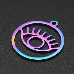 Rainbow Color Placage ionique (ip) 201 pendentifs en acier inoxydable, Coupe au laser, creux, anneau avec oeil, couleur arc en ciel, 27x24x1mm, Trou: 2mm