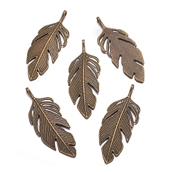 Antique Bronze Tibetan Style Alloy Leaf Big Pendants, Lead Free, Nickel Free and Cadmium Free, Leaf, Antique Bronze, 62x23x2mm, hole: 2mm