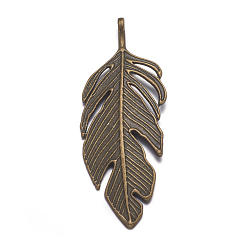 Antique Bronze Tibetan Style Alloy Leaf Big Pendants, Lead Free and Cadmium Free, Leaf, Antique Bronze, 62x23x2mm, hole: 2mm