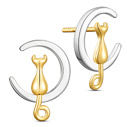 Platinum & Golden SHEGRACE Unique Design 925 Sterling Silver Stud Earrings, Half Hoop Earrings, with Kitten and Moon, Platinum & Golden, 18.14x13mm