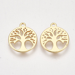 Real 18K Gold Plated Brass Charms, Flat Round with Tree, Nickel Free, Real 18K Gold Plated, 14x12x1mm, Hole: 1.2mm