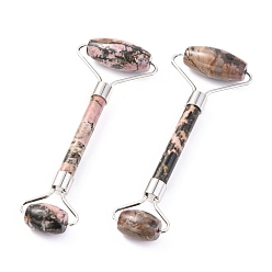 Rhodonite Natural Quartz Crystal Brass Face Massager, Facial Rollers, Platinum, 142~150x54~58x19~22mm