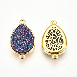 Royal Blue Brass Links connectors, with Druzy Resin, teardrop, Golden, Royal Blue, 22x13x4~5mm, Hole: 1mm
