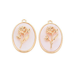 October Marigold Brass Birth Floral Pendants, Oval with Flower Mother of Pearl White Shell Charms, Nickel Free, Real 18K Gold Plated, October Marigold, 27x18x4mm, Hole: 1.8mm