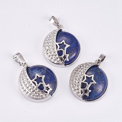 Lapis Lazuli Natural Lapis Lazuli Pendants, with Brass Findings, Flat Round with Star, Platinum, Dyed, 26x23x9mm, Hole: 5x7mm