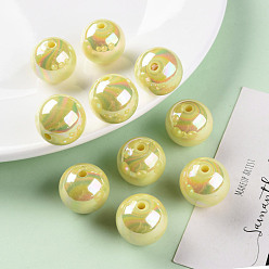 Jaune Perles acryliques opaques, de couleur plaquée ab , ronde, jaune, 20x19mm, Trou: 2~3mm, environ111 pcs / 500 g