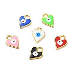 Mixed Color Bras Enamel Charms, Cadmium Free & Lead Free, Golden, Heart with Evil Eye, Mixed Color, 12.5x9x2mm, Hole: 2.6x3mm