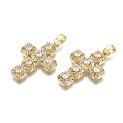 Clear Brass Micro Pave Cubic Zirconia Pendants, Real 16K Gold Plated, Nickel free, Cross, Clear, 27x18.5x4mm, Hole: 2.5x5mm