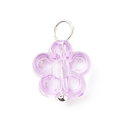 Silver Transparent Acrylic Pendants, with Brass Finding, Flower, Silver, 13x8.5x3.5mm, Hole: 2mm