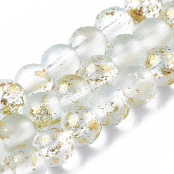 Azur Brins de perles de verre peintes à la bombe givrée, avec une feuille d'or, ronde, azur, 4~5mm, Trou: 0.9~1.2mm, Environ 95~103 pcs/chapelet, 13.78 pouces ~ 14.88 pouces (35~37.8 cm)
