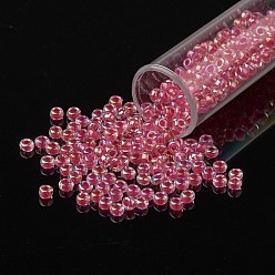 Flamingo 11/0 Grade A Round Glass Seed Beads, Transparent Inside Colours, AB Color Plated, Flamingo, 2.3x1.5mm, Hole: 1mm, about 48500pcs/pound