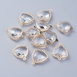 Clear Glass Links connectors, with Eco-Friendly Alloy Open Back Berzel Findings, Faceted, Triangle, Light Gold, Clear, 24x19x7mm, Hole: 1.5mm