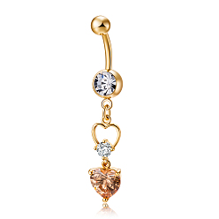 Orange Piercing Jewelry, Brass Cubic Zirconia Navel Ring, Belly Rings, with Surgical Stainless Steel Bar, Cadmium Free & Lead Free, Real 18K Gold Plated, Heart, Orange, 45x8mm, Bar: 15 Gauge(1.5mm), Bar Length: 3/8"(10mm)