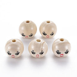 BurlyWood Printed Natural Wood European Beads, Undyed, Large Hole Beads, Round with Expression Pattern, BurlyWood, 21~22x20.5mm, Hole: 5mm, about 158pcs/500g