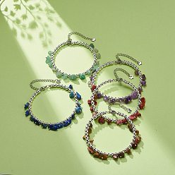 Mixed Stone Synthetic Hematite & Natural Gemstone Chips Beaded Bracelet for Women, Inner Diameter: 2-3/8 inch(5.9cm)