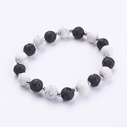 Mixed Stone Frosted Natural & Synthetic Mixed Stone Beads Stretch Bracelets, with Iron Beads and Natural Lava Rock Beads, Platinum, 2-1/8 inch(53mm)