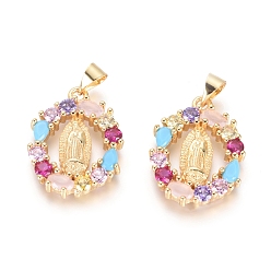 Golden Brass Micro Pave Cubic Zirconia Pendants, Long-Lasting Plated, Oval with Virgin Mary, Colorful, Golden, 24x18x3mm, Hole: 5x3mm