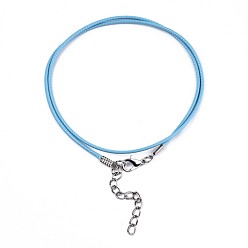 Небесно-голубой Воском хлопка ожерелье шнура решений, с сплава Lobster Claw застежками и конечных железными цепями, платина, голубой, 17.12 дюйм (43.5 см), 1.5 мм