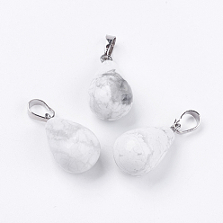 Howlite Natural Howlite Pendants, with Platinum Tone Brass Findings, Drop, 24~24.5x14mm, Hole: 5x7mm