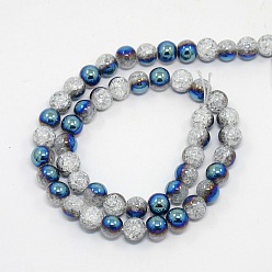Blue Round Half Electroplate Crackle Quartz Beads Strands, Synthetic, Blue, 8mm, Hole: 1mm, about 53pcs/strand, 15.7 inch
