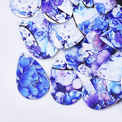 Blue PU Leather Big Pendants, Double-Sided Flower Pattern, Teardrop, Blue, 58x37.5x1.5mm, Hole: 2mm
