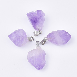 Amethyst Natural Amethyst Pendants, Rough Raw Stone, with Stainless Steel Snap On Bails, Stainless Steel Color, 20~25x13~17x10~15mm, Hole: 3x5.5mm