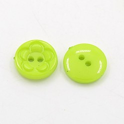 Yellow Green Acrylic Sewing Buttons for Clothes Design, Plastic Buttons, 2-Hole, Dyed, Flat Round with Flower Pattern, Yellow Green, 12.5x3mm, Hole: 1mm