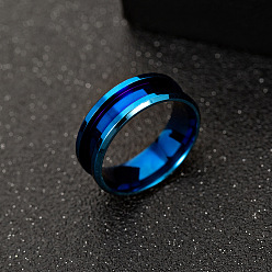 Blue 201 Stainless Steel Grooved Finger Ring Settings, Ring Core Blank, for Inlay Ring Jewelry Making, Blue, Size 6, Inner Diameter: 16mm