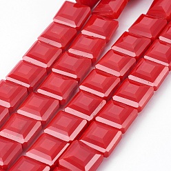 Red Pearl Luster Plated Glass Bead Strands, Faceted Square, Red, 13x13x8mm, Hole: 1mm, about 27pcs/strand, 13.9 inch