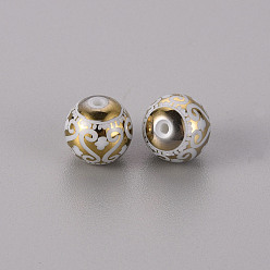 Golden Plated Electroplate Glass Beads, Round with Patten, Golden Plated, 10mm, Hole: 1.2mm