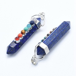 Lapis Lazuli Chakra bijoux, pendentifs pointus en lapis lazuli naturel à double terminaison, avec des apprêts en alliage de pierres naturelles et synthétiques, balle, platine, 58~61x16.5~18x15.5~16mm, Trou: 4.5x7.5mm