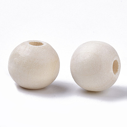 Blanc Floral Perles en bois naturel non fini, perles en bois ciré, surface lisse, ronde, floral blanc, 12mm, Trou: 2.5mm