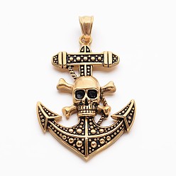 Antique Golden Retro Antique Golden Plated 304 Stainless Steel Anchor with Pirate Style Skull Big Pendants, 53x37.5x7mm, Hole: 5.5x8mm