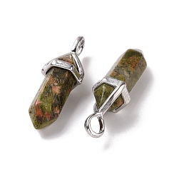 Unakite Natural Unakite Pendants, Faceted, with Platinum Tone Brass Findings, Lead free & Cadmium Free, Bullet, 27~30x9~10x7~8mm, Hole: 4x3mm