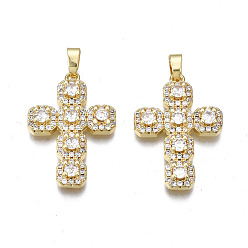 Clear Brass Micro Pave Cubic Zirconia Pendants, Real 16K Gold Plated, Nickel free, Cross, Clear, 27x18.5x4mm, Hole: 2.5x5mm