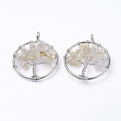 Citrine Natural Citrine Pendants, with Brass Findings, Flat Round with Tree of Life, Platinum, 29x5~7mm, Hole: 4.5mm